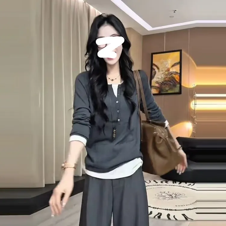 早秋假两件长袖t恤女时尚别致撞色设计感打底衫拼接针织衫上衣潮