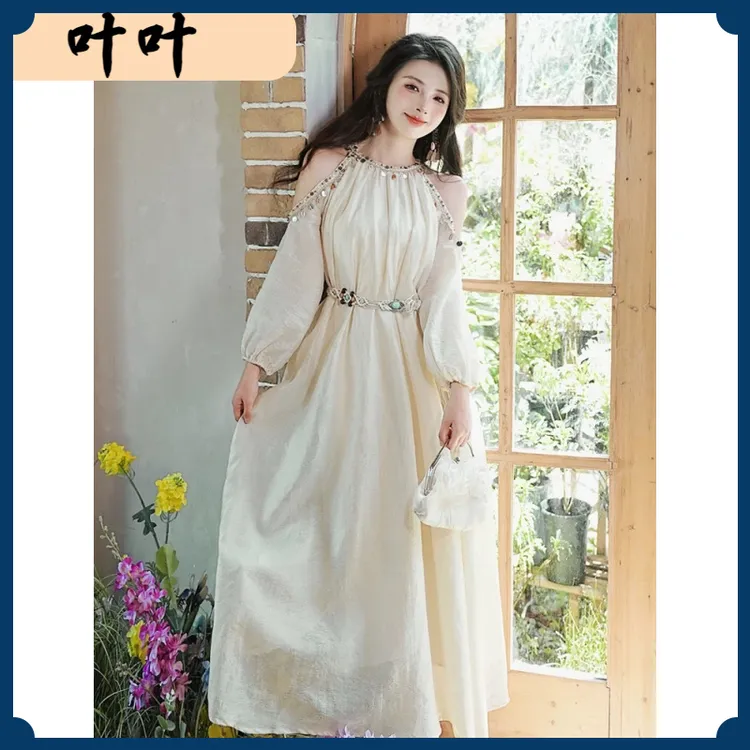 I夏季新款法式温柔气质时尚绝美修身显瘦圆领露肩长袖连衣裙长裙I