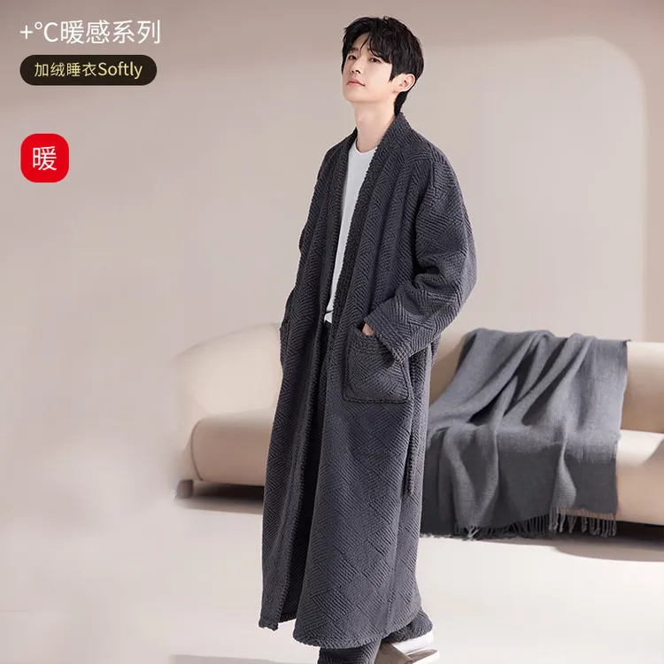 睡袍男秋冬款半边绒家居服加绒加厚浴袍珊瑚绒睡衣男晨袍保暖长袍