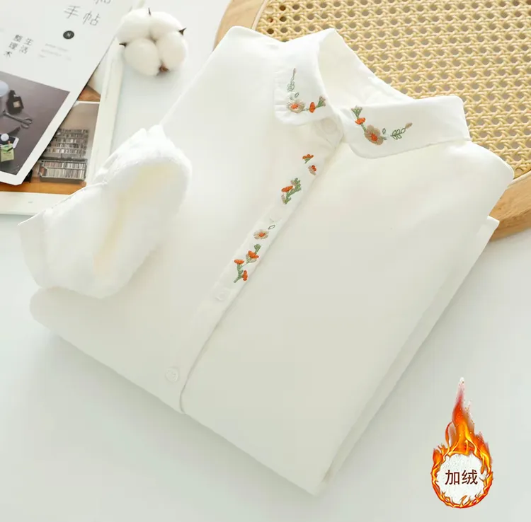 冬季加绒加厚衬衫女国风刺绣文艺衬衣文艺感绣花娃娃领内搭上衣潮