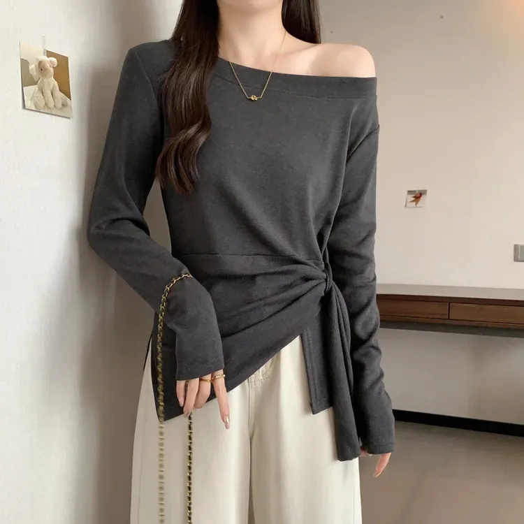 韩版不规则绑带收腰长袖t恤女2025春秋新款斜领露肩针织打底上衣