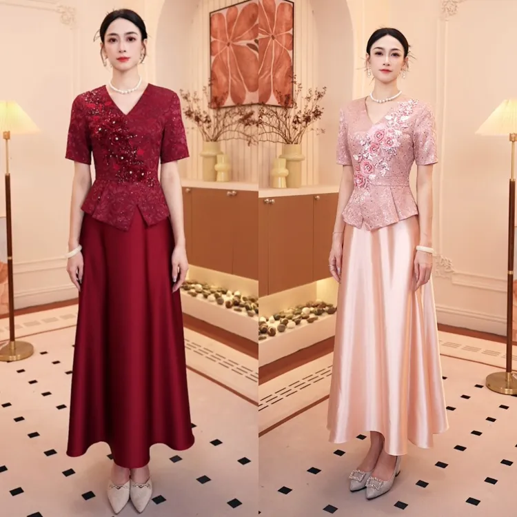国庆婚礼季喜婆婆婚宴装婚礼妈妈礼服V领高贵连衣裙长款修身显瘦