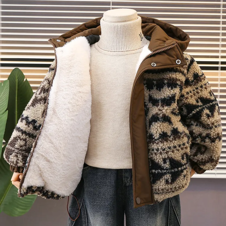 男童羊羔绒夹棉外套加绒加厚冬季2025新款儿童棉服毛毛衣宝宝冬装