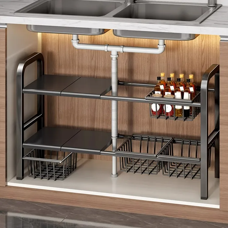 优勤厨房下水槽置物架家用可伸缩多功能橱柜内锅具架分层收纳架子