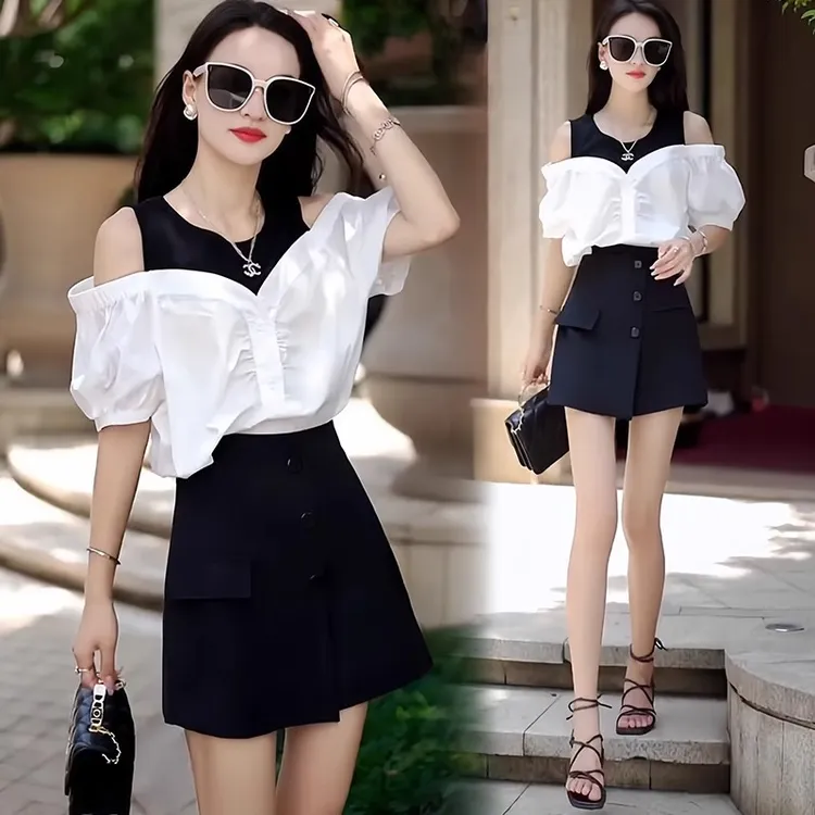 超火夏季穿搭一整套女2025新款假两件白色露肩衬衫高腰短裙两件套