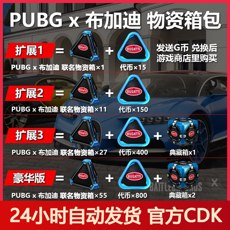 Pubg绝地求生布加迪跑车联名物资箱典藏箱代币兑换码CDKSteam端游
