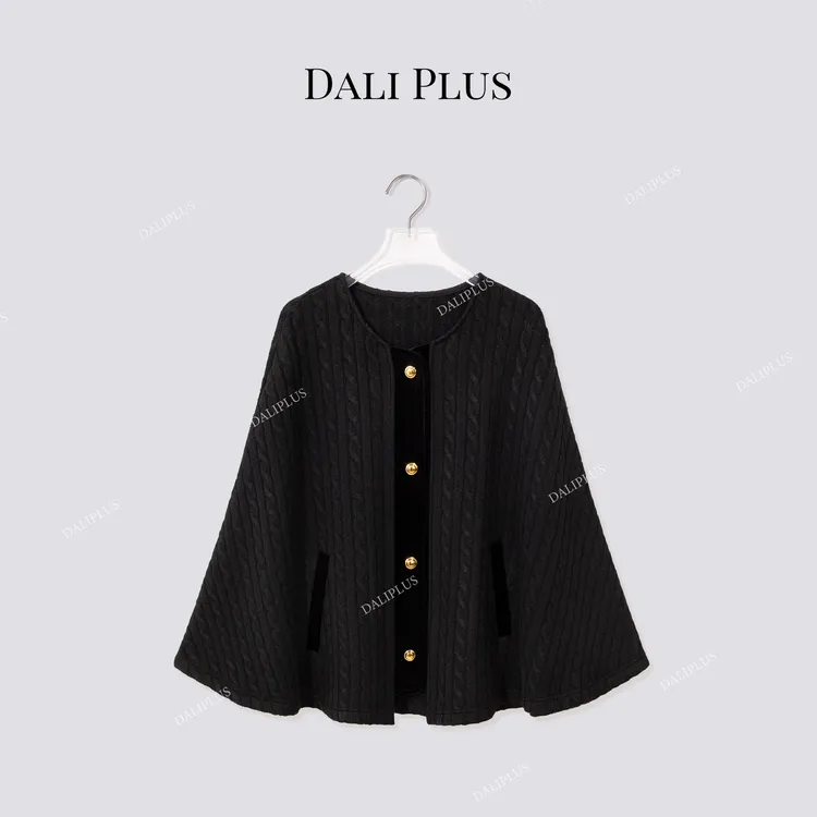 DALI PLUS“搅花斗篷针织”拼接真丝丝绒披肩-D5ST1491