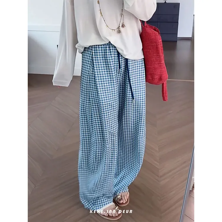 【蓝海琉璃】莱赛尔+亚麻清爽格纹百搭舒适显瘦阔腿裤休闲裤女