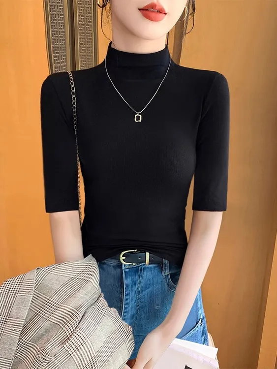 半高领中袖T恤女短袖2025新款春夏季内搭五分袖黑色针织打底上衣