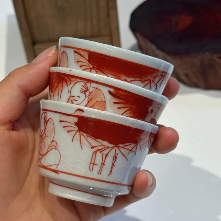 日本舶来，三只老九谷赤绘茶杯，精美手绘竹叶人物图案，高4.5口4