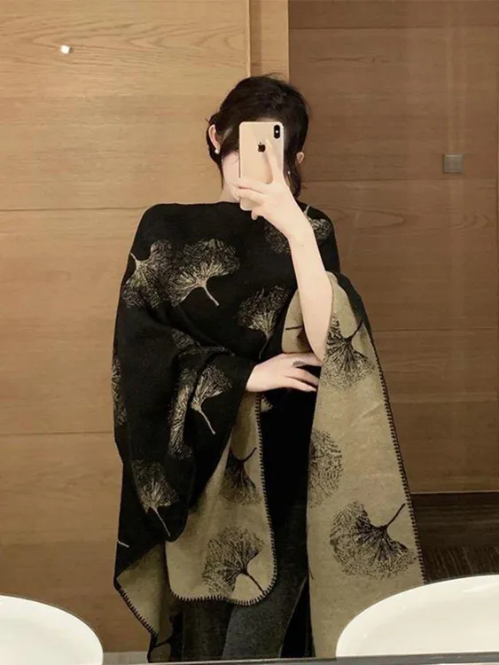 中长裙网红长款春秋无袖印花斗篷针织日常新中式外搭优雅旗袍披肩