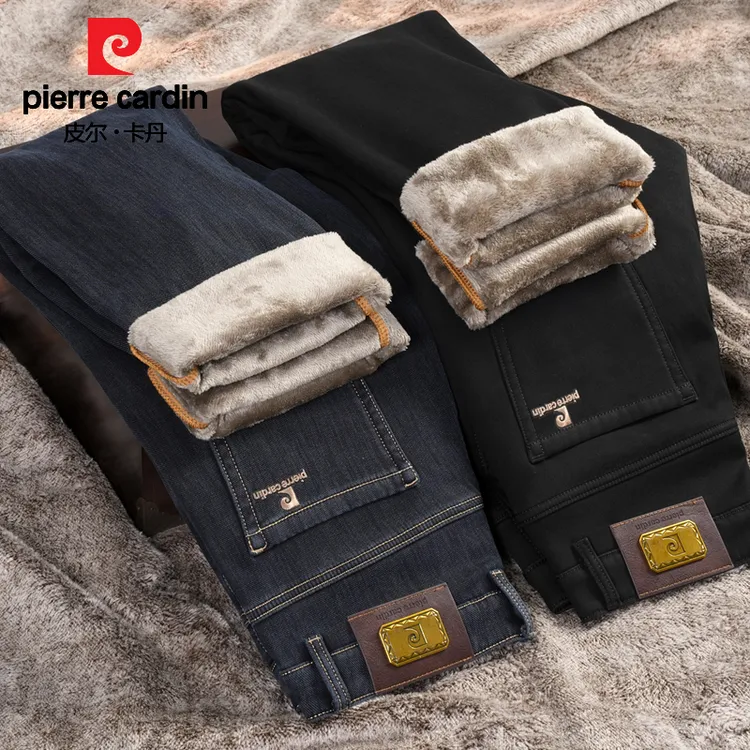 法国皮尔卡丹定制加厚雪豹绒男士牛仔裤秋冬加绒款直筒宽松休闲裤