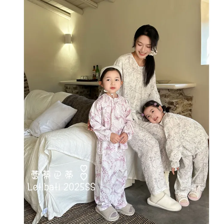 【亲子装】纱布亲子长袖无领对开薄款套装无感水印碎花四季款