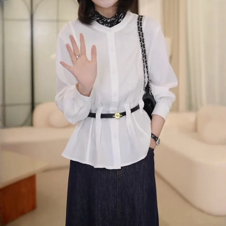 2025早秋新款百搭纯色配腰带压褶收腰衬衫女法式小众别致漂亮上衣