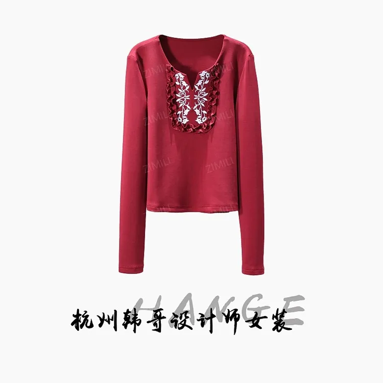【韩哥女装】2025早秋木耳花边拼接安哥拉红V领亲肤打底上衣9902-A7