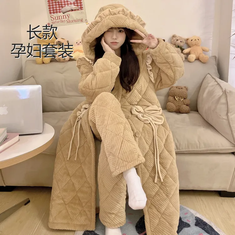【H728咖色新款孕妇袍套睡衣】女士三层加厚加绒夹棉睡衣套装可外穿