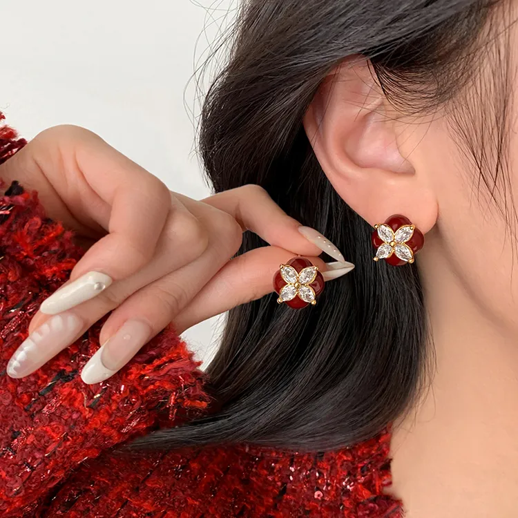 合金耳饰 999银针安可拉红耳钉小众轻奢女2026马过新年耳环本命年