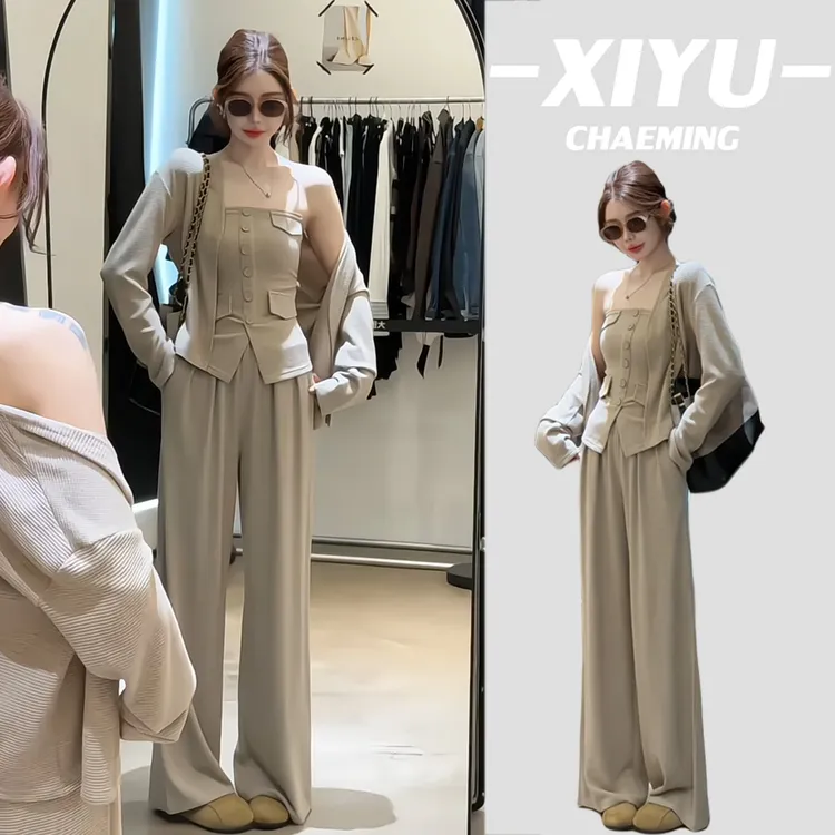 韩系炸街御姐风减龄气质抹胸+开衫+长裤子阔腿裤套装洋气三件套