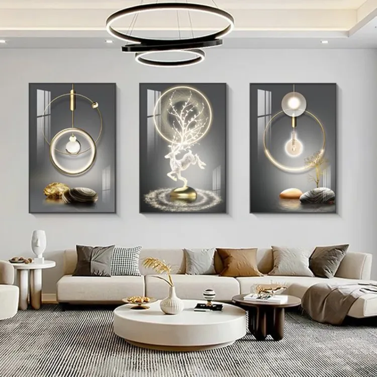 简约轻奢风客厅沙发背景墙福鹿呈祥装饰画挂画高级感大气壁画高档