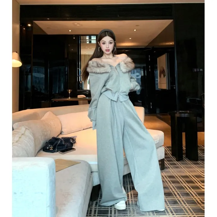 可拆卸毛领露肩双拉链卫衣外套女秋季设计感套装休闲阔腿裤两件套