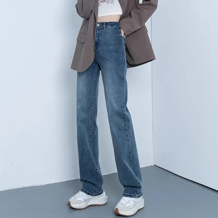 拉夏贝尔高腰窄版直筒牛仔裤女秋季2025新款显瘦梨型身材烟管裤子