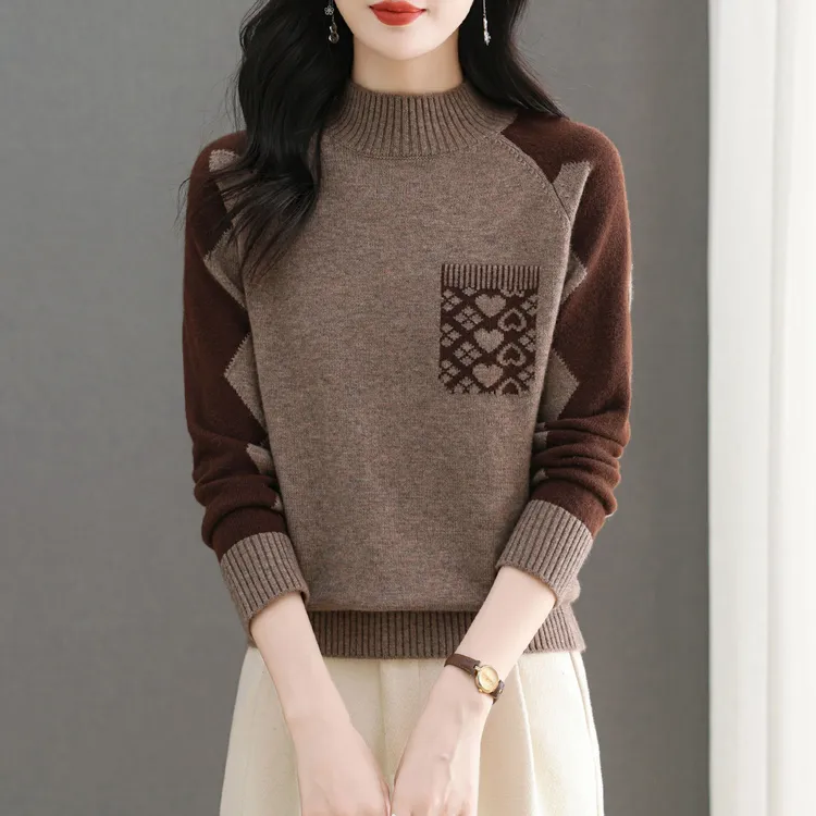 拼色半高领针织毛衣女2025秋冬装新款宽松加厚保暖洋气百搭打底衫