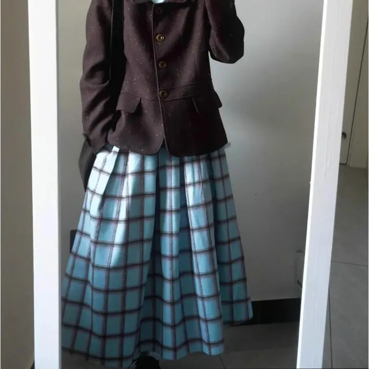 设计感蓝色格子半身裙秋冬女高腰遮胯a字裙百褶长裙冬季裙子半身