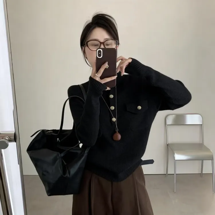 大码女装小香风长袖针织衫女冬气质百搭修身显瘦半高领上衣#2555