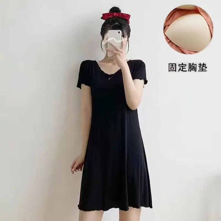 带胸垫夏季薄款短袖纯色睡裙女士夏天免文胸宽松简约睡衣家居服