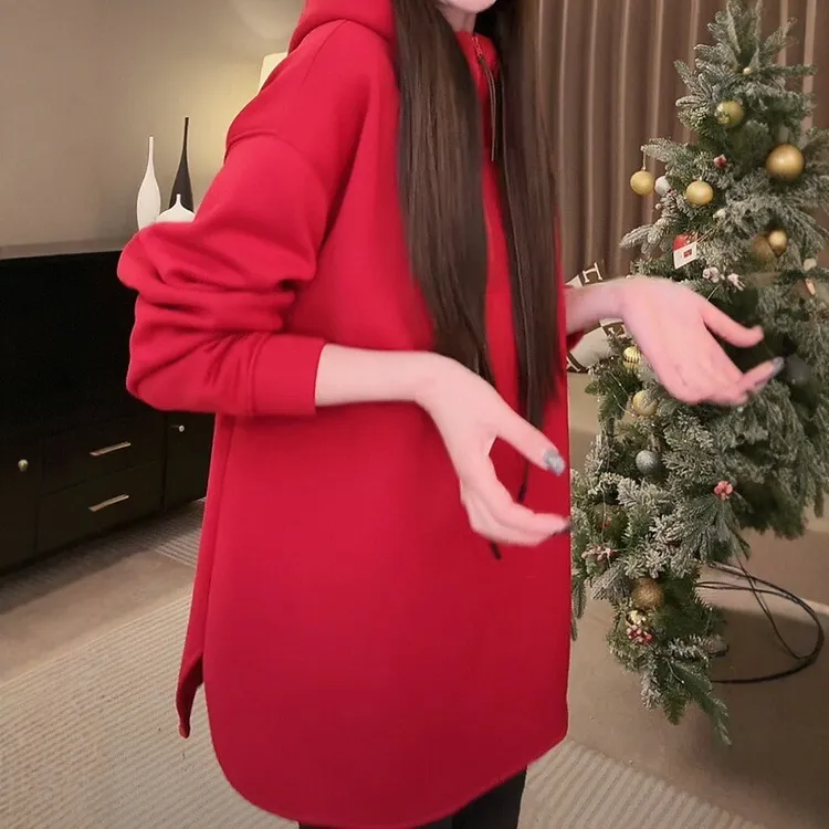 红色半拉链连帽卫衣女2025新款春秋款宽松休闲时尚开叉中长款上衣