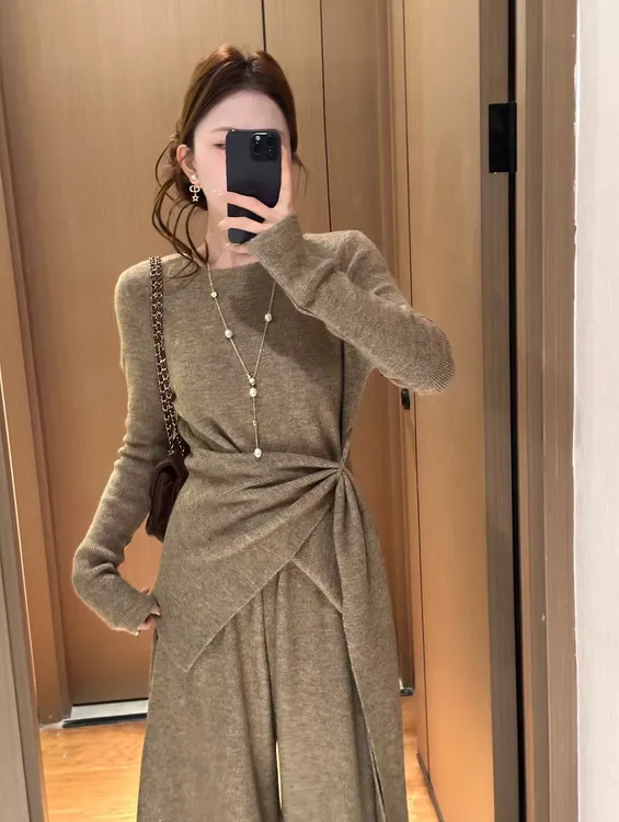 休闲风甜美街头风INS风时尚套装秋冬针织开叉大裙裤套装长袖高腰