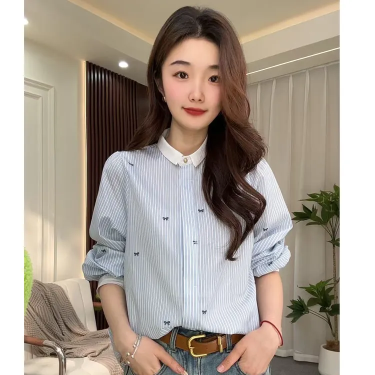 503041 2025新款复古撞色翻领条纹印花蝴蝶结长袖衬衫