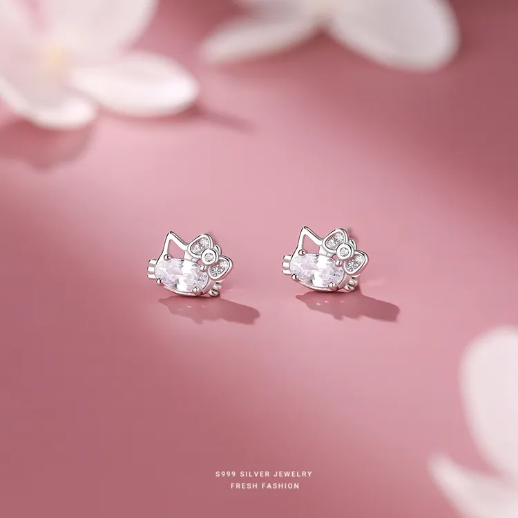 足银耳饰 999纯银轻奢小猫耳钉女2025甜美可爱时尚感耳骨钉