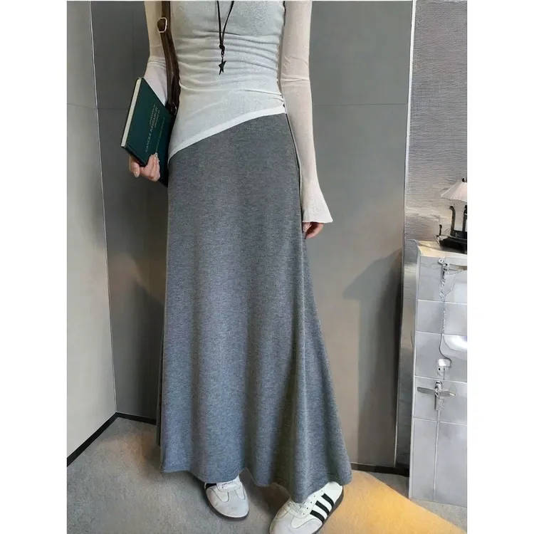 灰色A字半身裙中长款女2025夏高腰垂感宽松百搭软糯休闲简约长裙
