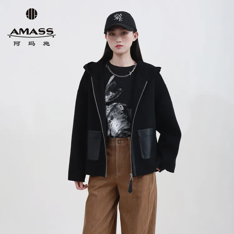 阿玛施/AMASS 新款纯色休闲百搭时尚气质连帽绵羊毛外套女540034