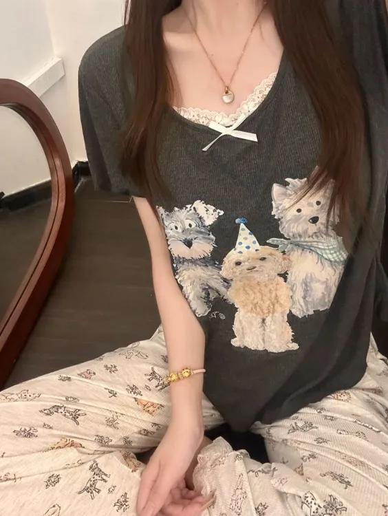 带胸罩蕾丝狗狗夏季睡衣长裤女莫代尔可爱短袖长裤短裤家居服薄款