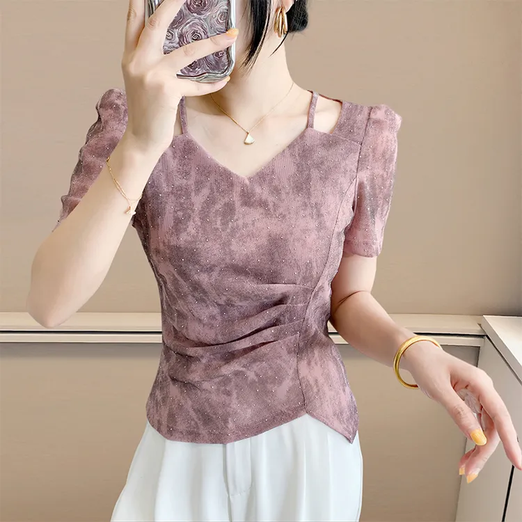 气质V领网纱T恤女短袖夏装设计感不规则上衣洋气百搭减龄显瘦小衫