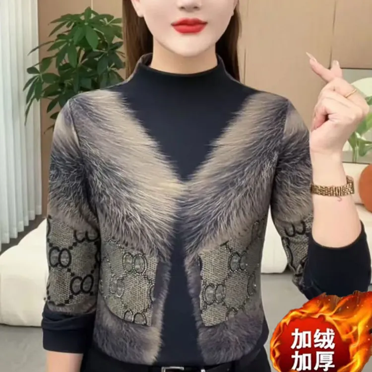 皮尔卡丹秋冬洋气妈妈新款小衫时尚一体绒上衣女士德绒百搭t恤休