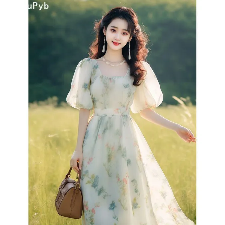 DouPyb轻奢茶歇法式仙女气质沙滩长裙海边度假绿色碎花连衣裙子夏