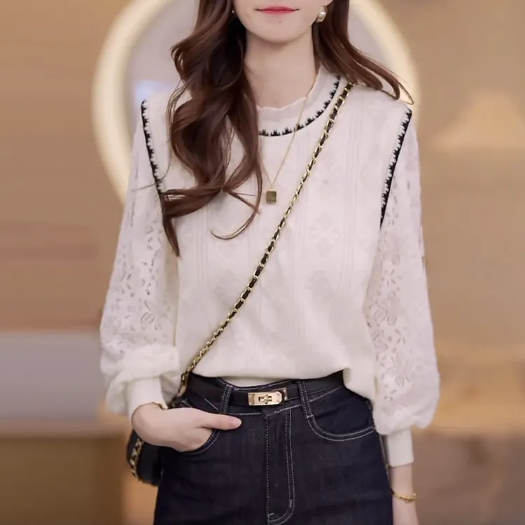 2025秋季新款圆领蕾丝拼接软糯小衫长袖气质针织衫上衣女独特漂亮