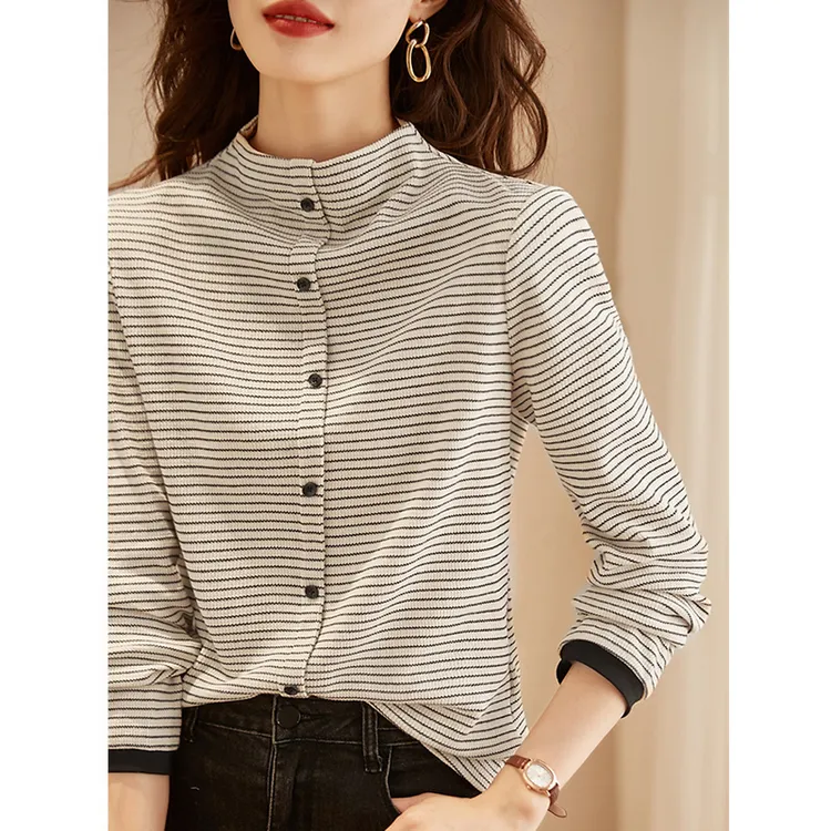 半高领条纹打底衫女春秋新款2025小众设计感春装气质显瘦长袖上衣