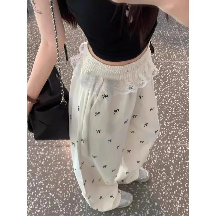 女童夏季阔腿裤2025新款初中生花边蝴蝶结直筒裤大童休闲韩版裤子