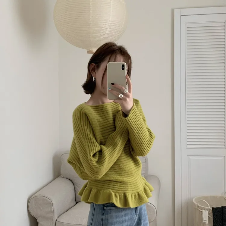 韩系圆领韩系设计针织衫女装荷叶边修身收腰系带百搭毛衣长袖上衣