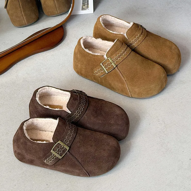 复古真皮厚底勃肯鞋女2025秋冬新款圆头磨砂软皮加绒保暖休闲棉鞋