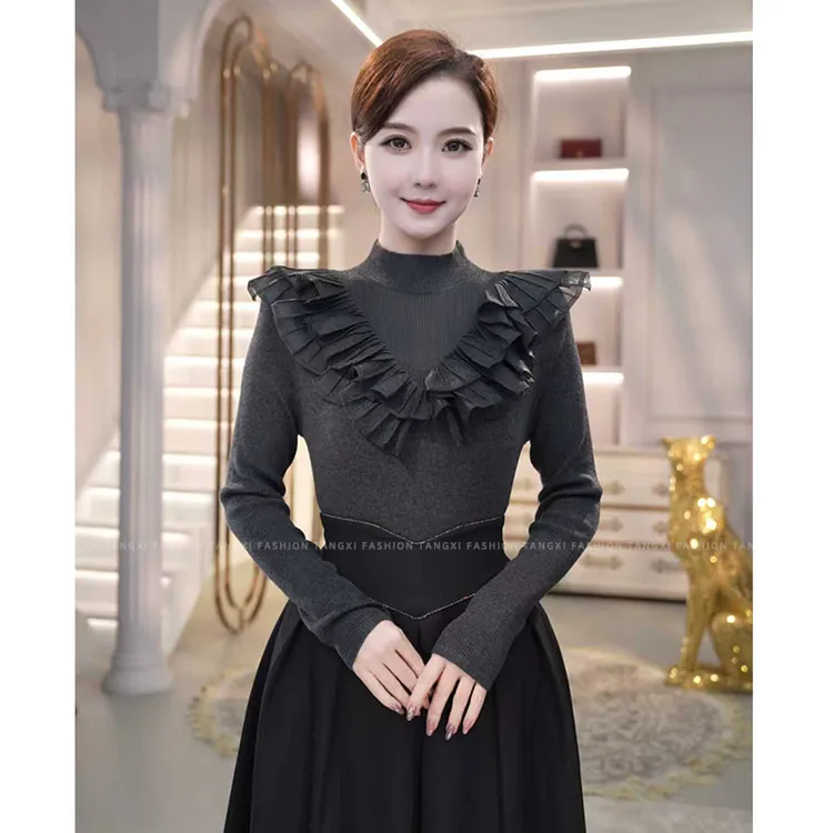 2025秋冬新款【8389】含绵羊毛别致小众拼接花边设计感灰色针织衫女