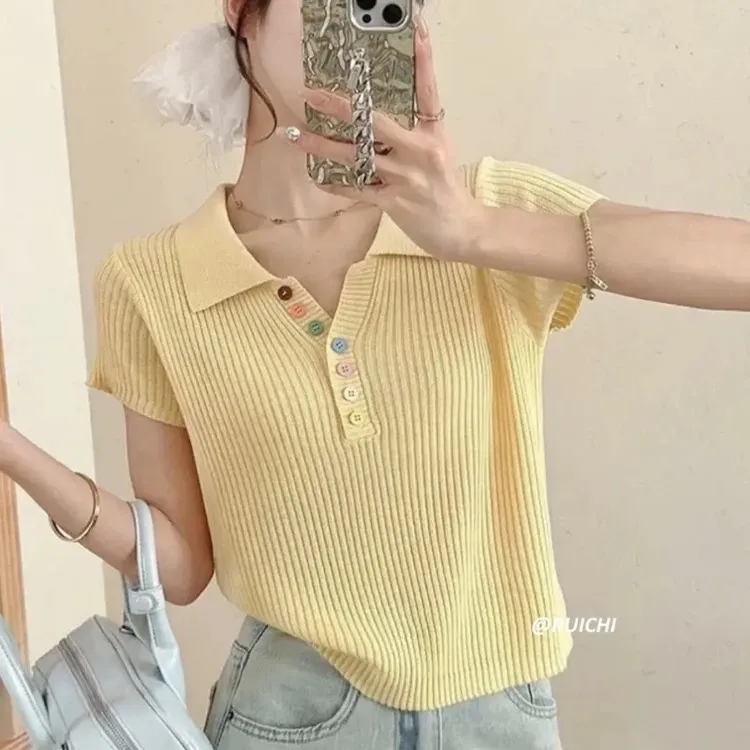 短袖女翻领短款夏季纯色毛针织衫女装针织衫小众显瘦撞色薄款