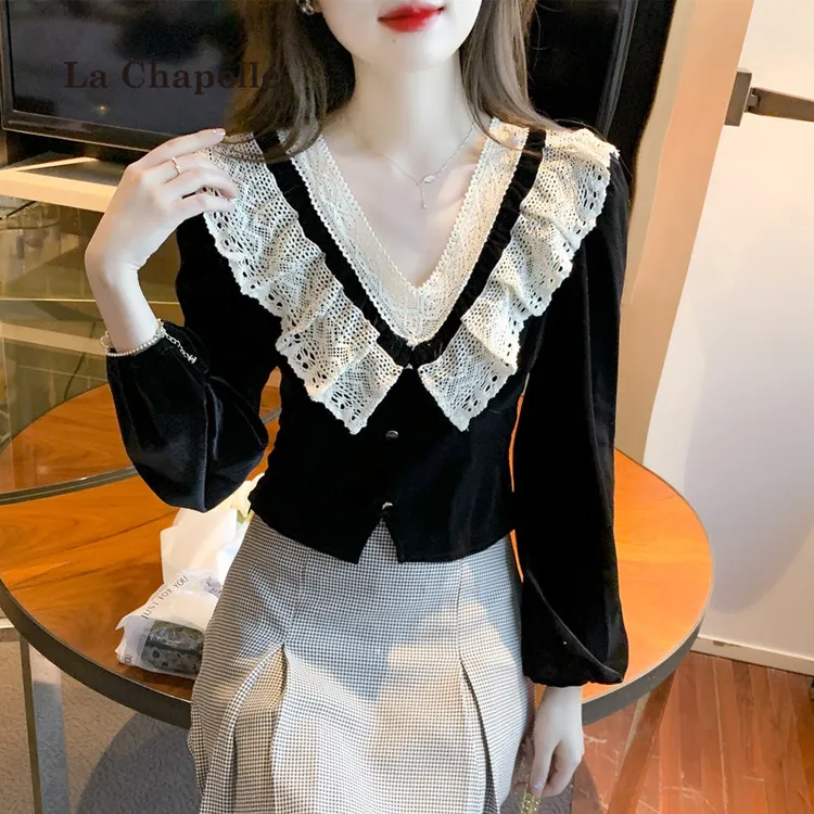 拉夏贝尔加绒加厚秋冬v领蕾丝花边丝绒上衣女设计感小众短款衬衫