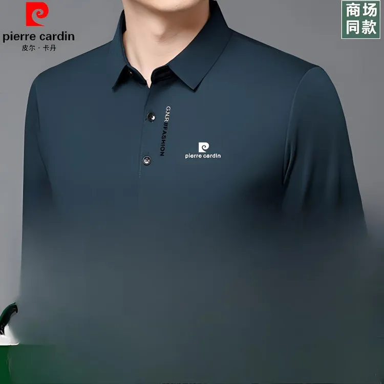 皮尔卡丹秋季男士长袖t恤桑蚕丝新款休闲翻领高档宽松薄款polo衫