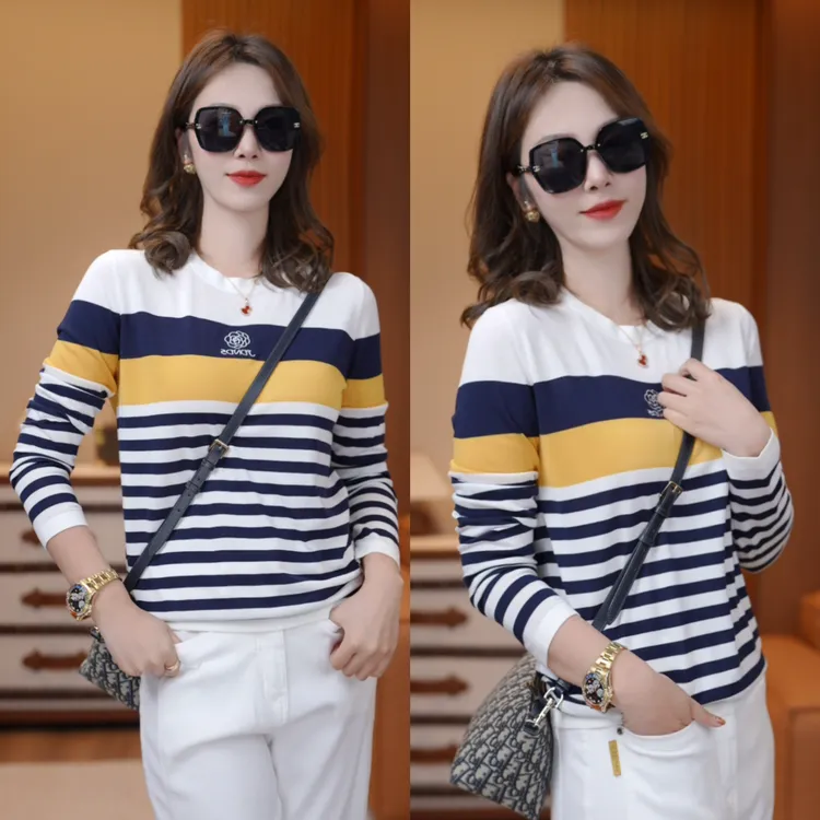 JDND轩羽【撞色条纹】桑蚕丝+莱赛尔 减龄休闲条纹针织小衫XY25417