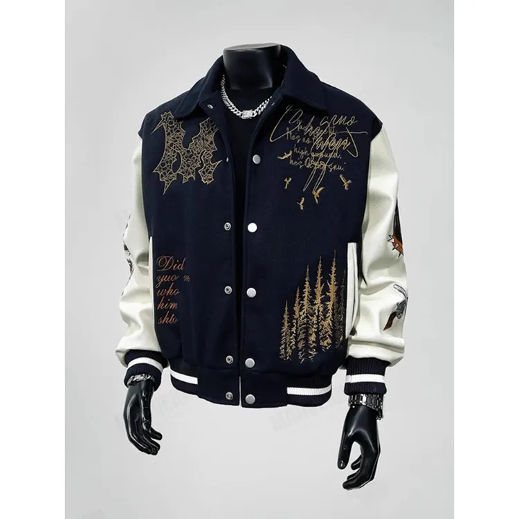 美式重工刺绣外套男款秋季潮牌飞行夹克pu皮拼接设计感翻领棒球服